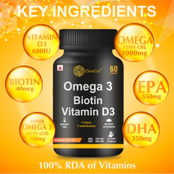 ClearCut Omega 3 Fish Oil, Biotin, Vitamin D3 Softgel Capsule 60 for men women healthy Heart Hair Skin - Image 7