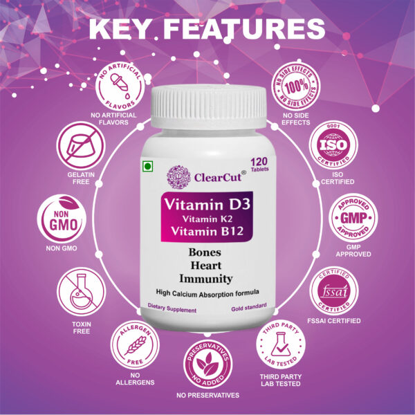 ClearCut Vitamin D3 K2 B12 Calcium tablet Joints bones Boosting Immunity supplement for men women 120 - Image 3